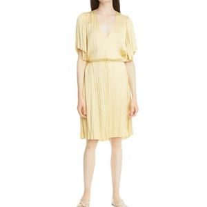 Vince Yellow Plisse Pleated V Neck Slip On Shift Dress Flutter Sleeve L